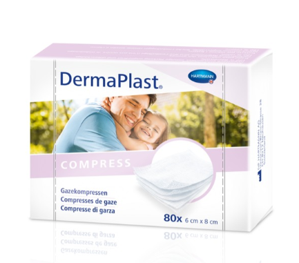 IVF Hartmann DermaPlast® Compress, Gaze-Kompressen 6 x 8 cm, 80 Stück, keimreduziert, mehrschichtige Gaze zum Auflegen von Verbänden, Wundauflagen etc.