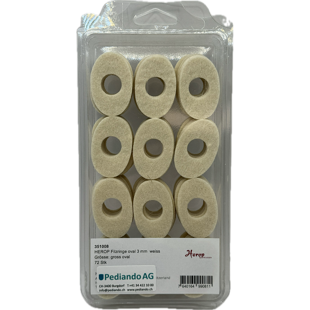 Heusser Filzringe oval gross, weiss, 3 mm dick, 45 x 28 mm, Loch ⌀ 15 mm,  72 Stück