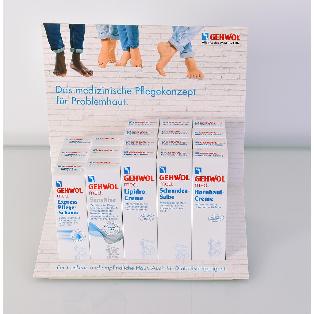Easy-Up-Display GEHWOL® med Pflegekonzept, bestückt mit 3/3/4/4/4 Verkaufsprodukte, Plakat Sensitive, Flyer, je 20 Proben und Easy-Up-Display