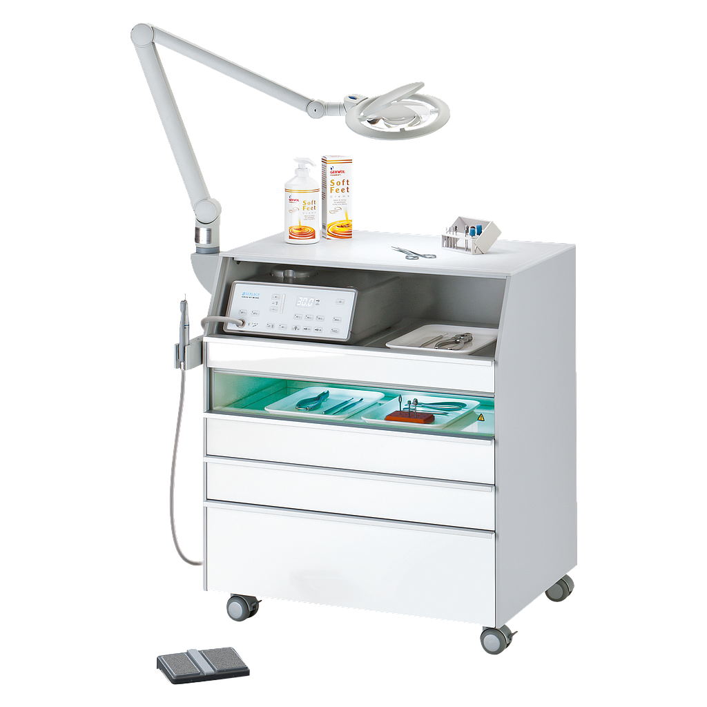 GERLACH TECHNIK Fusspflegeschrank AT/NT UV CLEAN mit SMD Leuchtenarm und Dentalleuchte SMD Sunlight Arbeitsleuchte Helios - LED EVO2