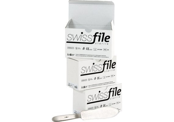 Starterkit Hornhautfeile SwissFile, sterilisierbar aus Edelstahl, inkl. 3 Schachteln (je eine Korn 60/100/220) Feilenblätter à 80 Stück