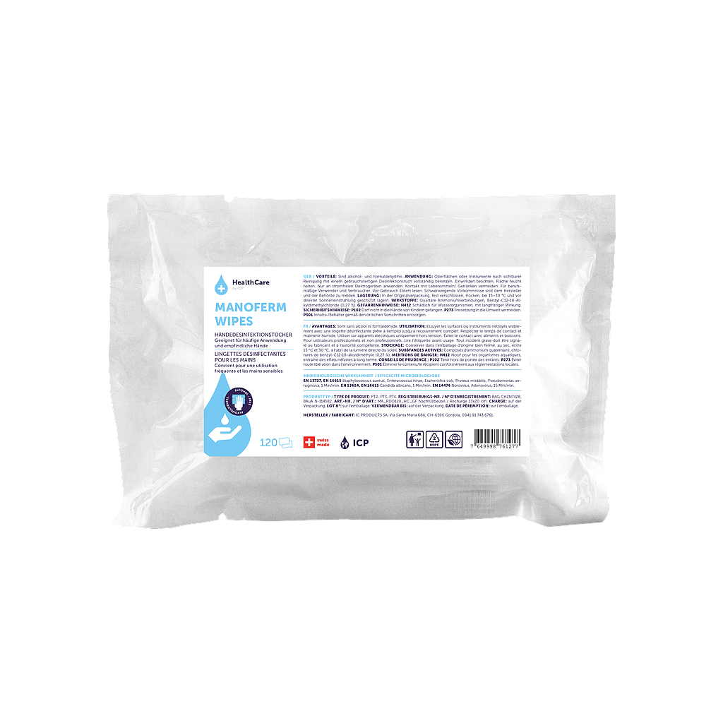 Manoferm® Wipes von IC Products, Haut- und Hände-Desinfektionsmittel, Nachfüllbeutel à 120 Tücher