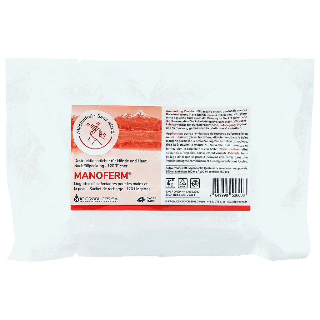 Manoferm® Wipes von IC Products, Haut- und Hände-Desinfektionsmittel, Nachfüllbeutel à 120 Tücher