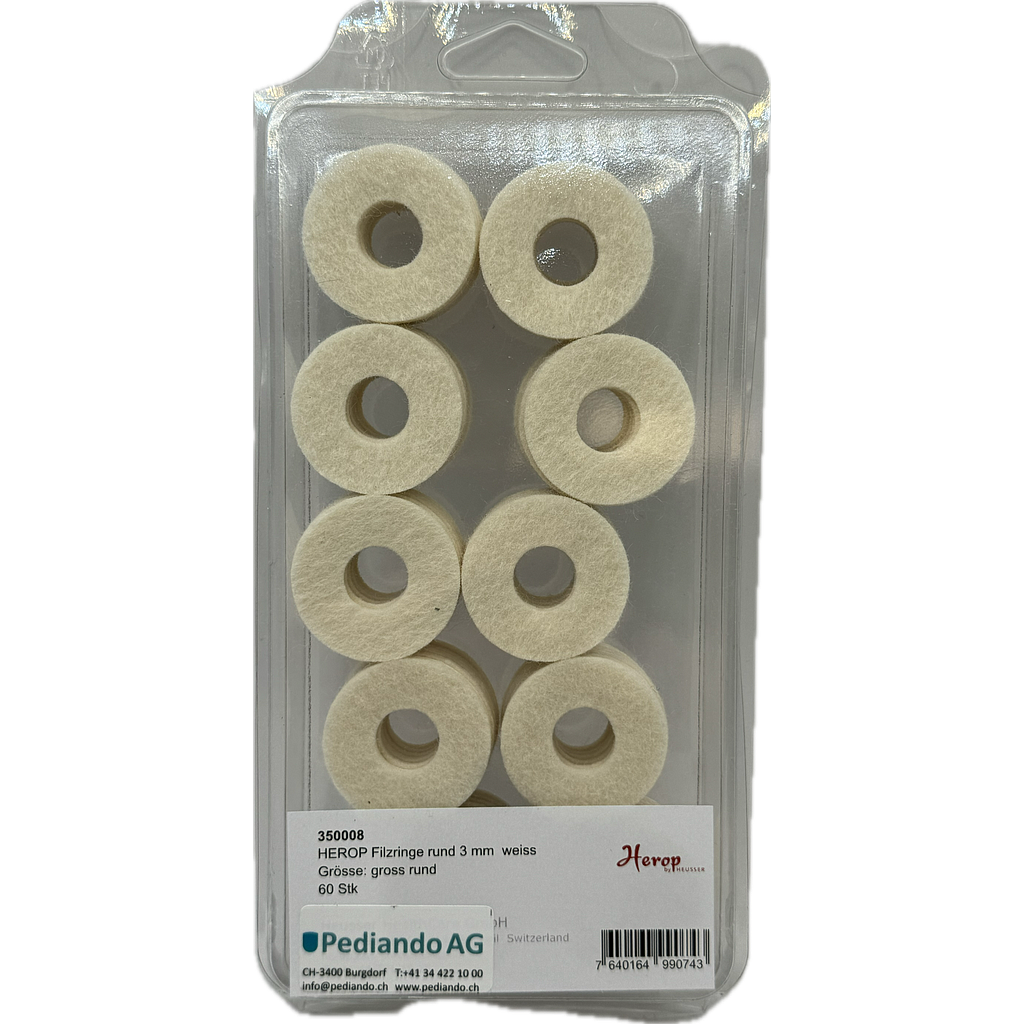 Heusser Filzringe rund gross, weiss, 3 mm dick, ⌀ 37 mm, Loch ⌀ 15 mm, 60 Stück