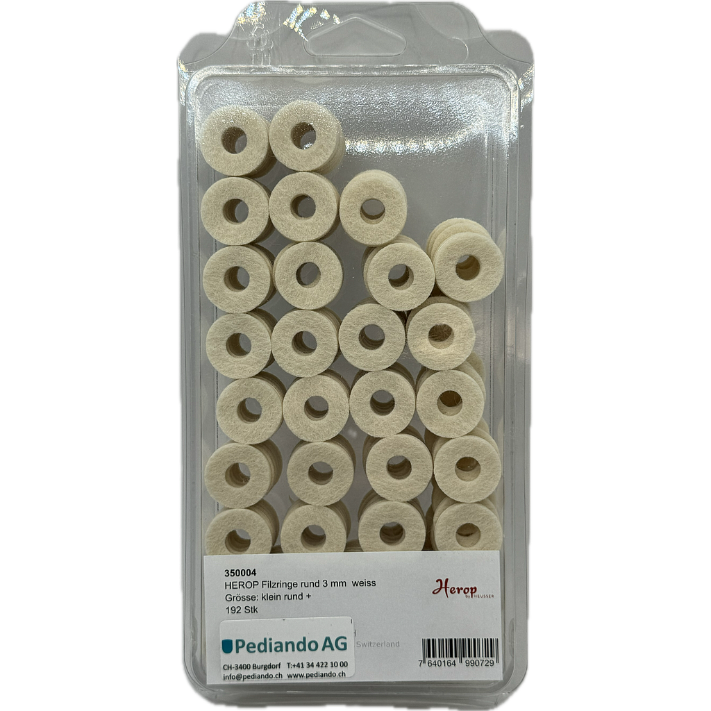 Herop by Heusser Filzringe rund klein, weiss, 3 mm dick, ⌀ 23 mm, Loch ⌀ 8 mm, 192 Stück