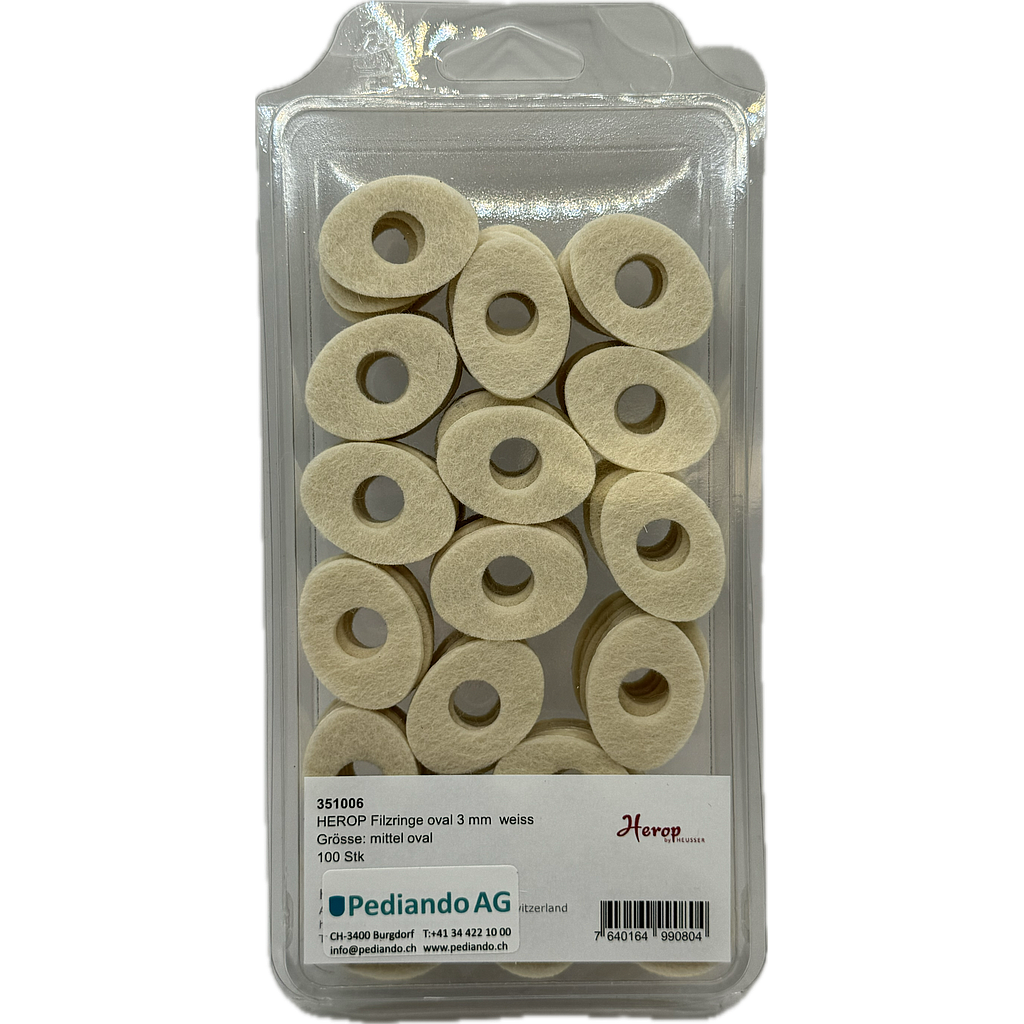 Herop by Heusser Filzringe oval mittel, weiss, 3 mm dick, 35 x 22 mm, Loch ⌀ 12 mm, 100 Stück