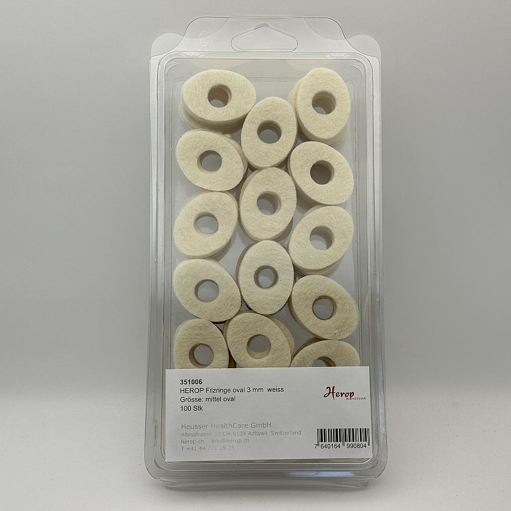 Heusser Filzringe oval mittel, weiss, 3 mm dick, 35 x 22 mm, Loch ⌀ 12 mm, 100 Stück
