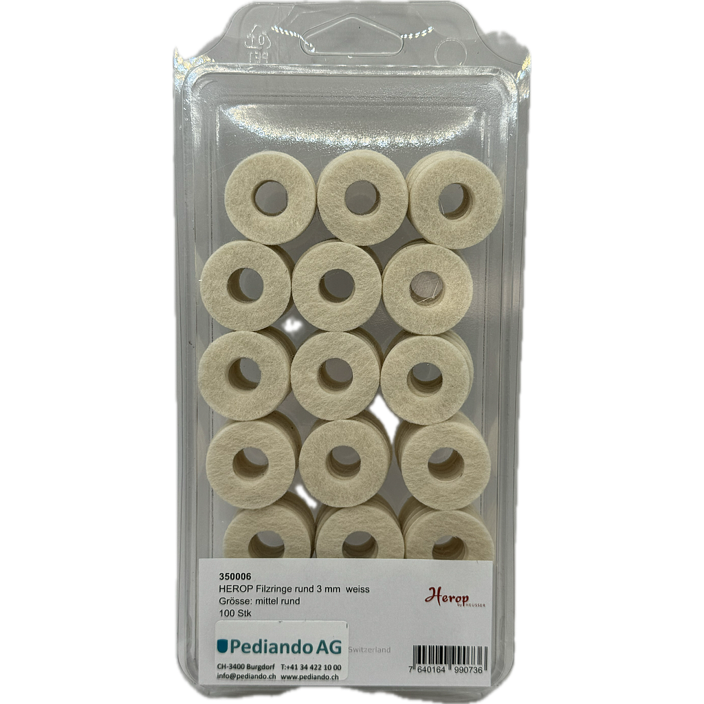 Herop by Heusser Filzringe rund mittel, weiss, 3 mm dick, ⌀ 30 mm, Loch ⌀ 12 mm, 100 Stück