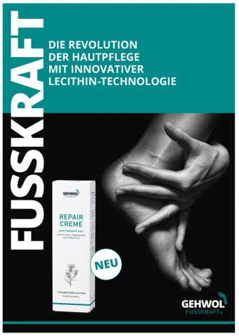 GEHWOL® FUSSKRAFT Broschüre / Produktfolder GEHWOL FUSSKRAFT® Repair Creme, Breite 15 cm x Höhe 21 cm
