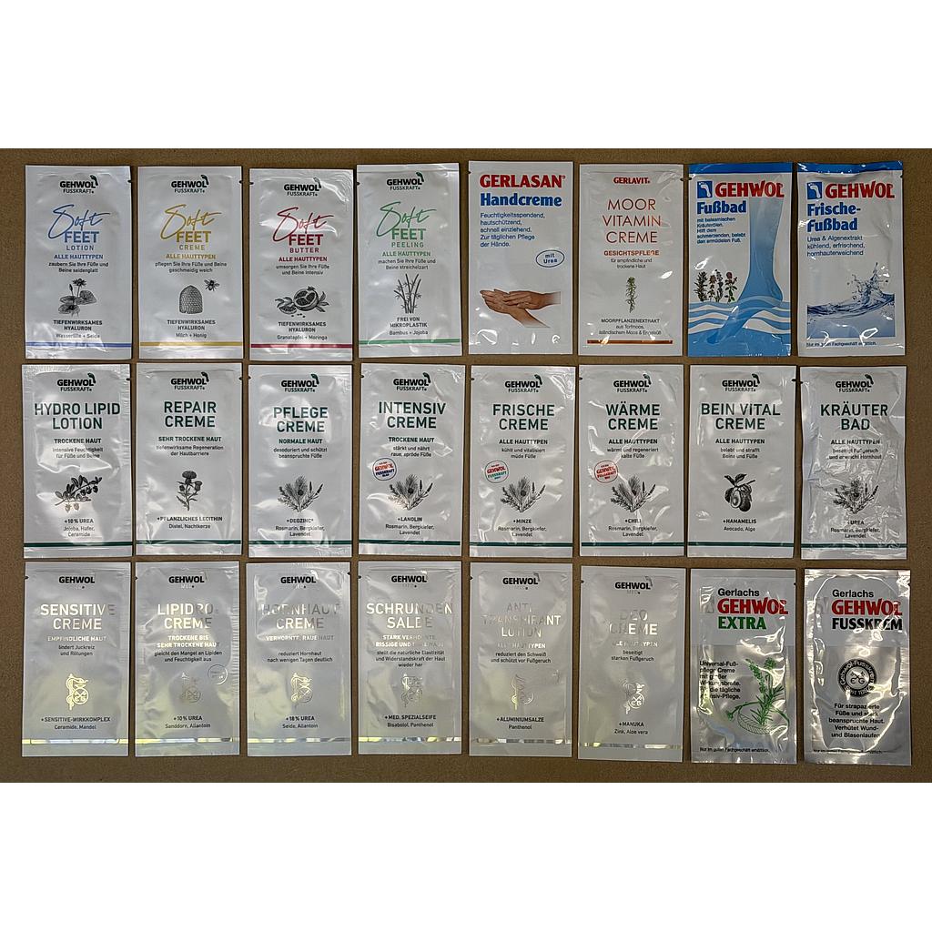 Bemusterung 'Professional' GEHWOL FUSSKRAFT® / GEHWOL FUSSKRAFT Soft Feet® / GEHWOL med® / GERLASAN® / GERLAVIT®, 48 Proben