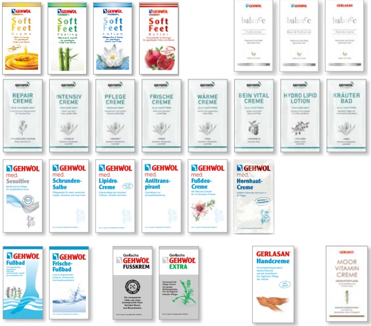 Bemusterung 'Professional' GEHWOL FUSSKRAFT® / GEHWOL FUSSKRAFT Soft Feet® / GEHWOL med® / GERLASAN® / GERLAVIT®, 56 Proben