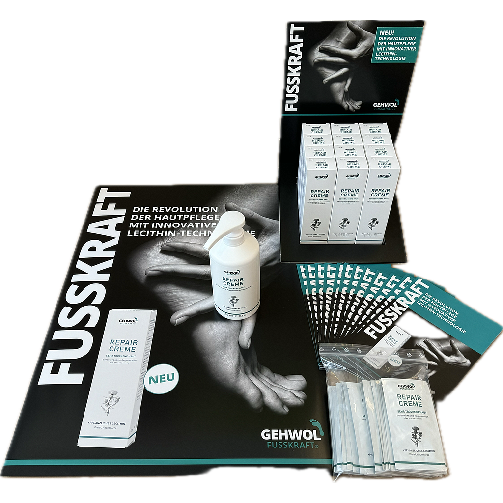 Starterkit GEHWOL FUSSKRAFT® Repair Creme (Originalpreis CHF 155.90 / Verkaufswert CHF 165.60), inkl. 12 Verkaufsprodukte 75 ml, Praxisware 500 ml, 20 Proben, Plakat, 20 Flyer und Easy-Up-Display