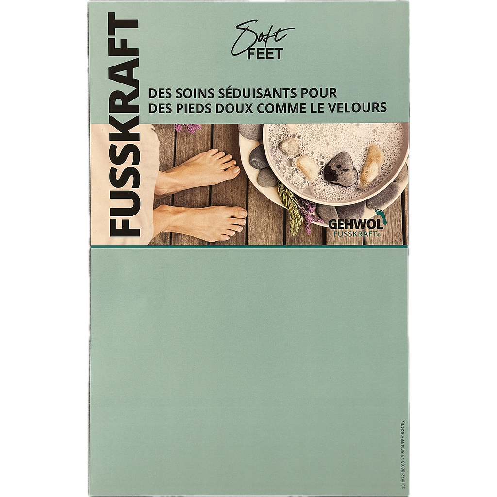 GEHWOL FUSSKRAFT® Papiereinleger (Backcard) 'Soft Feet' zu Tischdisplay aus Acryl FRANZÖSICH