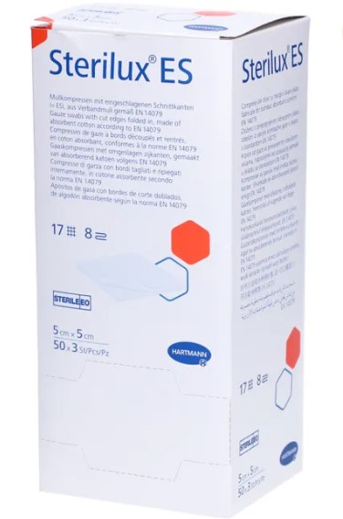 IVF Hartmann Sterilux ES-Kompressen Typ 17-fädig, STERIL, 8-fach, 5 x 5 cm, 3 Stück / Beutel