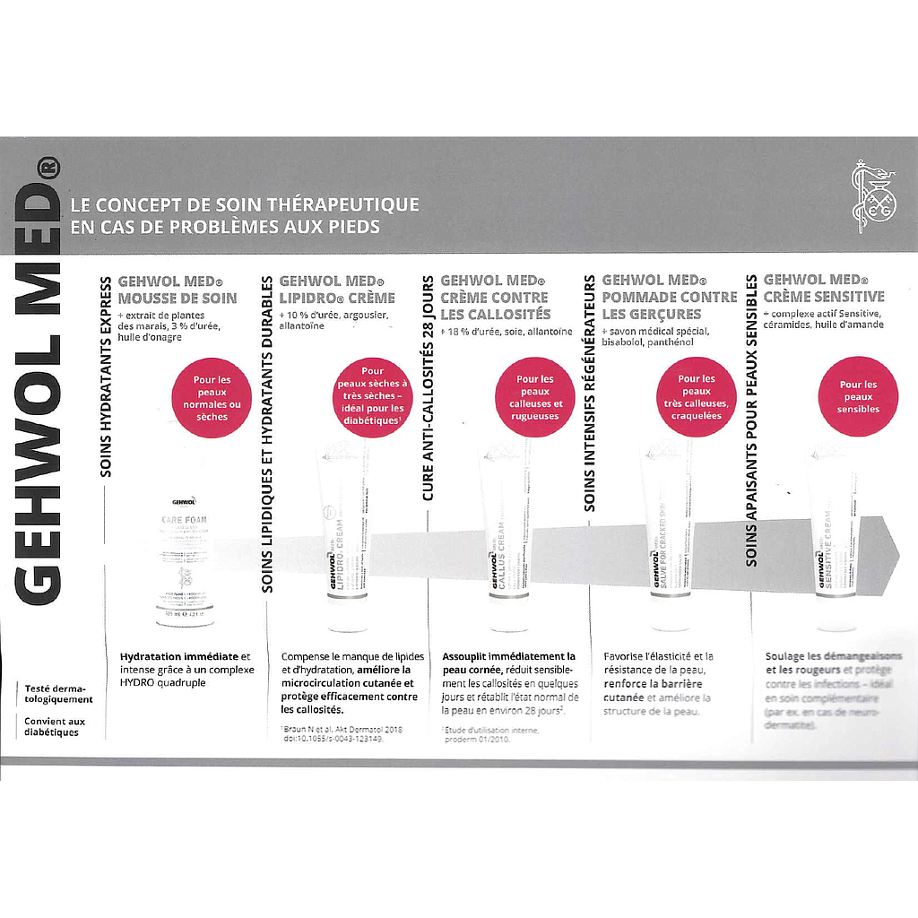 GEHWOL MED® Fiche de consultation 'Le concept de soin thérapeutique en cas de problèmes aux pied' / Beratungskarte 'Medizinisches Pflegekonzept bei Fussproblemen', Französisch, 1 Stück