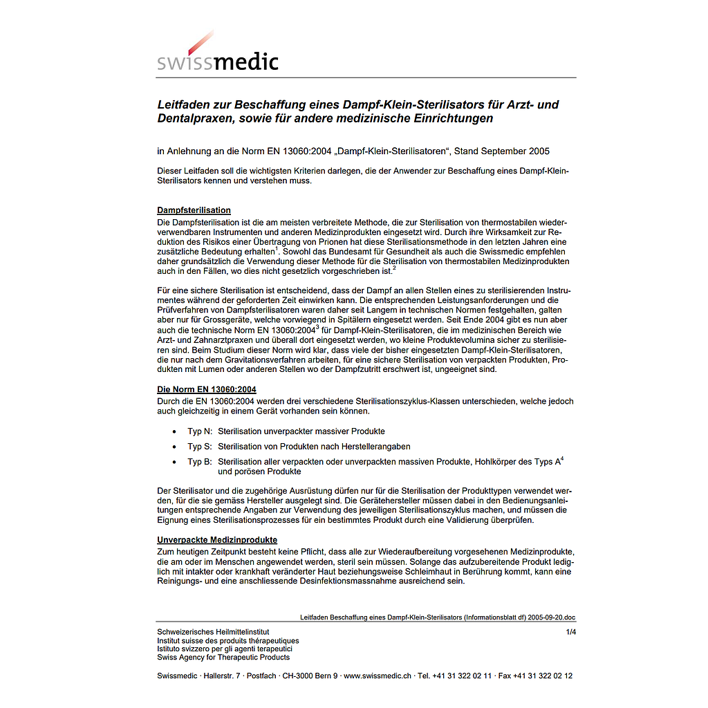 Broschüre von Swissmedic 'Leitfaden zur Beschaffung eines Dampf-Klein-Sterilisators...'
