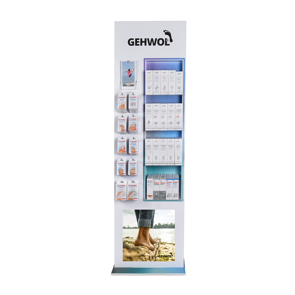 GEHWOL® Bodenverkaufsdisplay Relaunch, 54 x 20 x 200 cm - mit Leimspur und kleinem Kratzer - mit 50% Rabatt